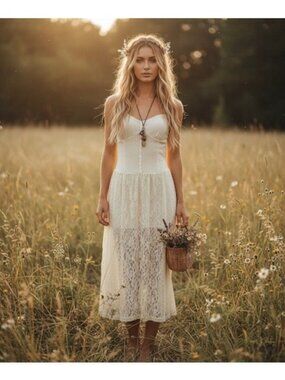 Intimately Free People Ivory Lace Ribbed Midi Dress | 2014 Boho Indie Sleaze | S